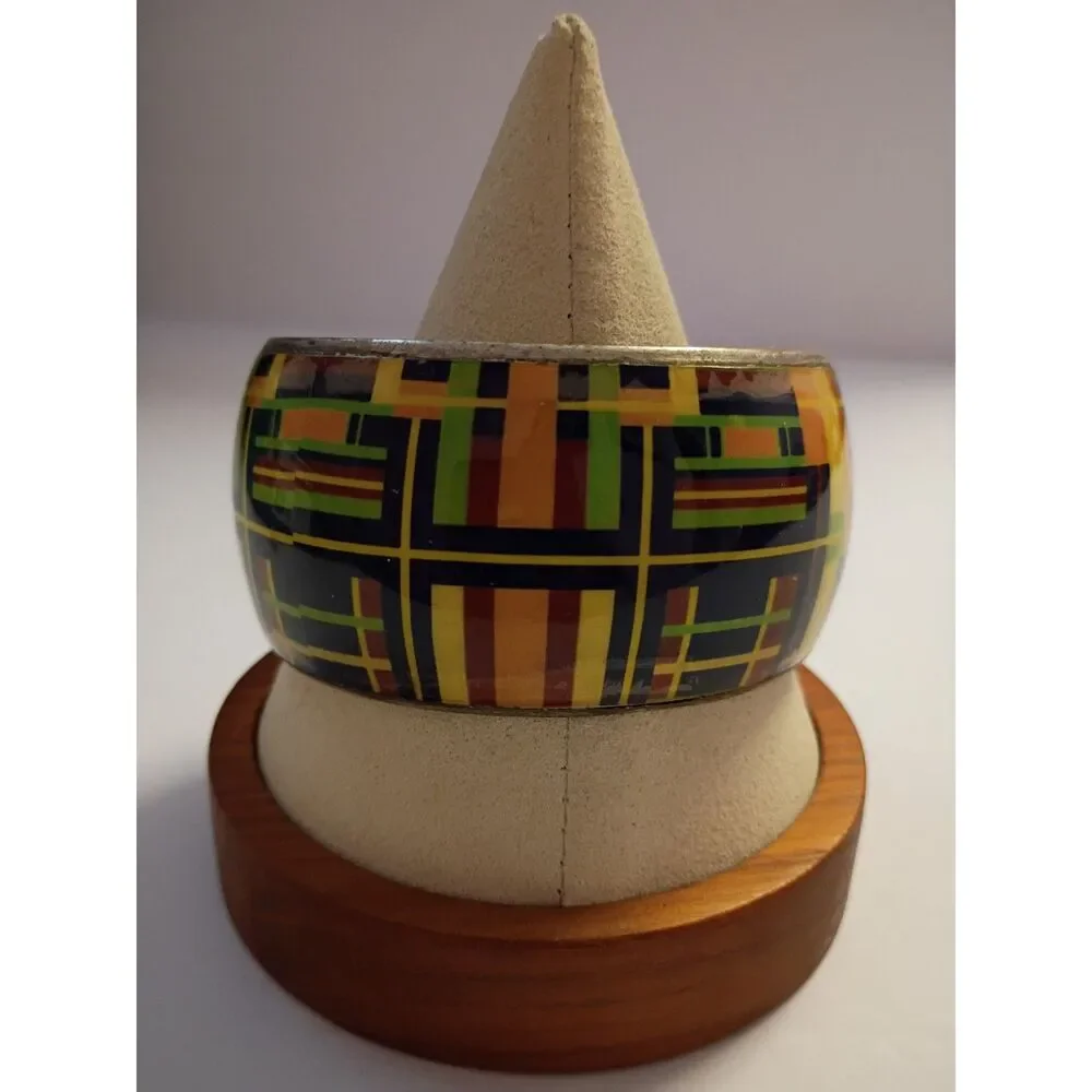 Vintage Abstract Tartan Plaid Bangle Metallic Bracelet Yellow, Green and Black